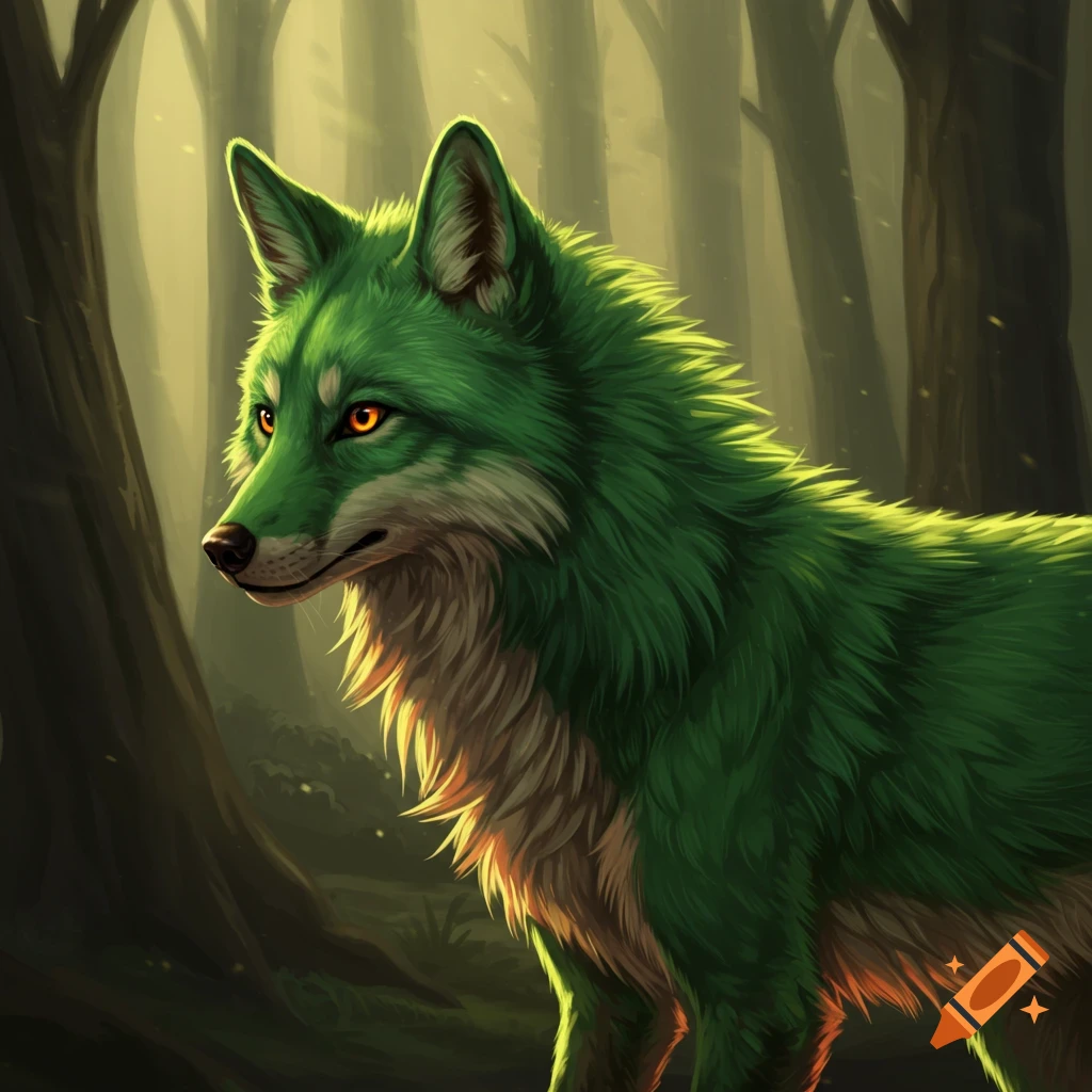 A green wolf-fox creature in a forest.