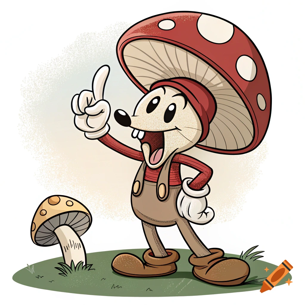 Cartoon mushroom character in overalls pointing up next to a small mushroom, old cartoon style.