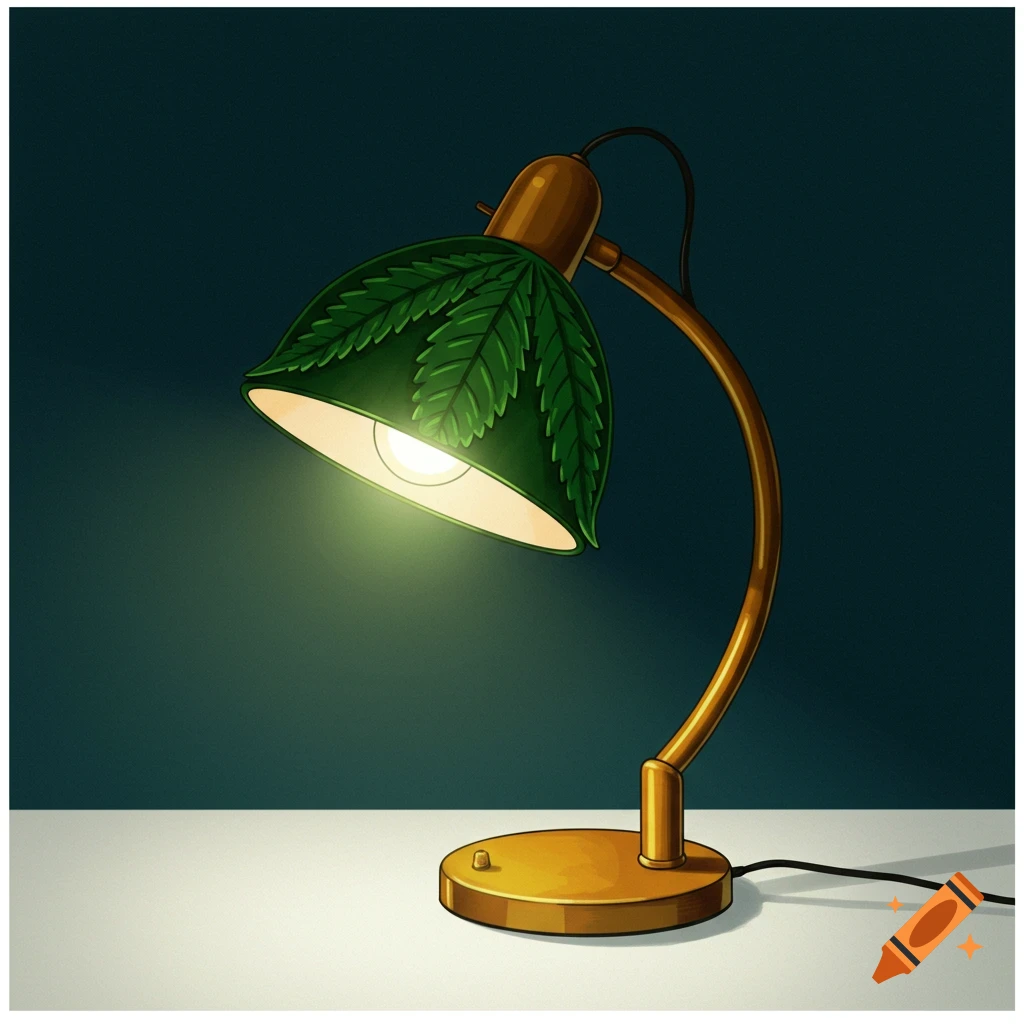 A desk lamp with a cannabis leaf-shaped shade.