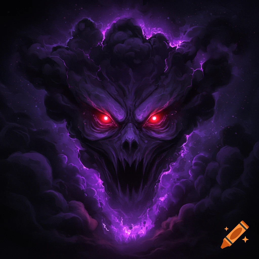 Scary face of purple and black smoke with glowing red eyes and purple energy.