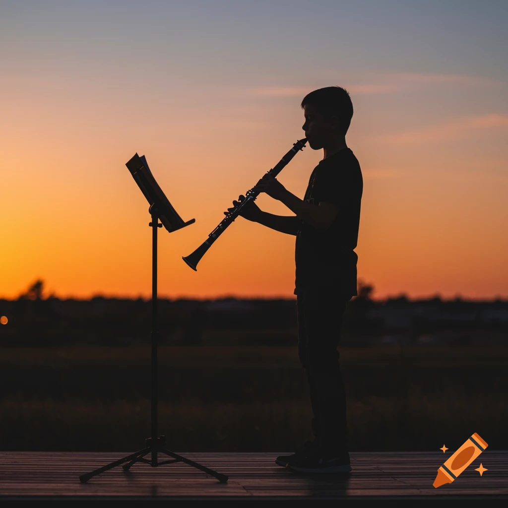 A silhouette of a child playing the clarinet on a stage against an orange and pink sunset.