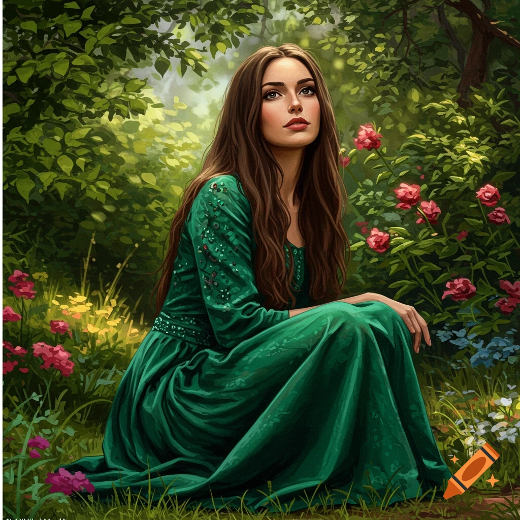 A woman in a green dress is shown crouching in a lush garden.