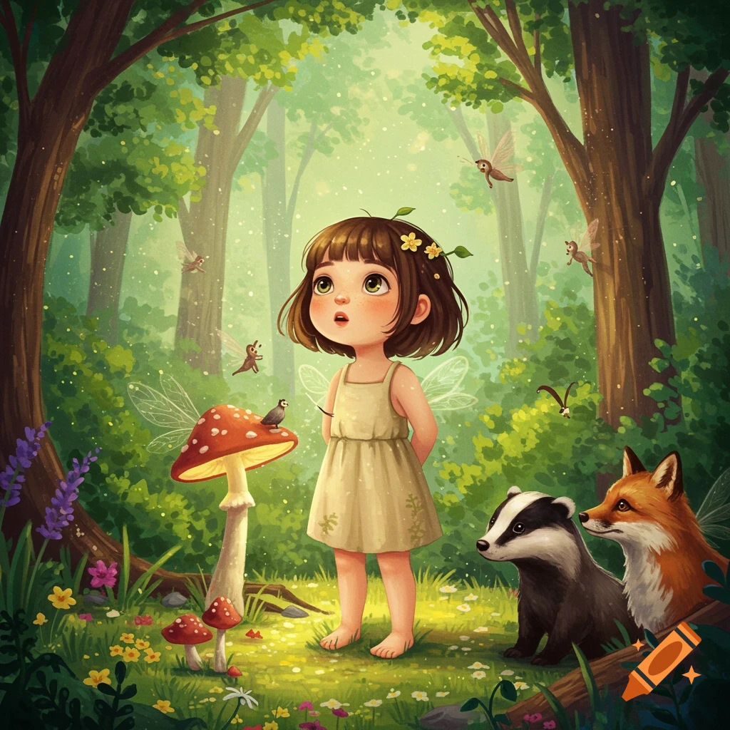A whimsical depiction of a young girl in a forest with a badger, fox, fairies, and glowing mushrooms.