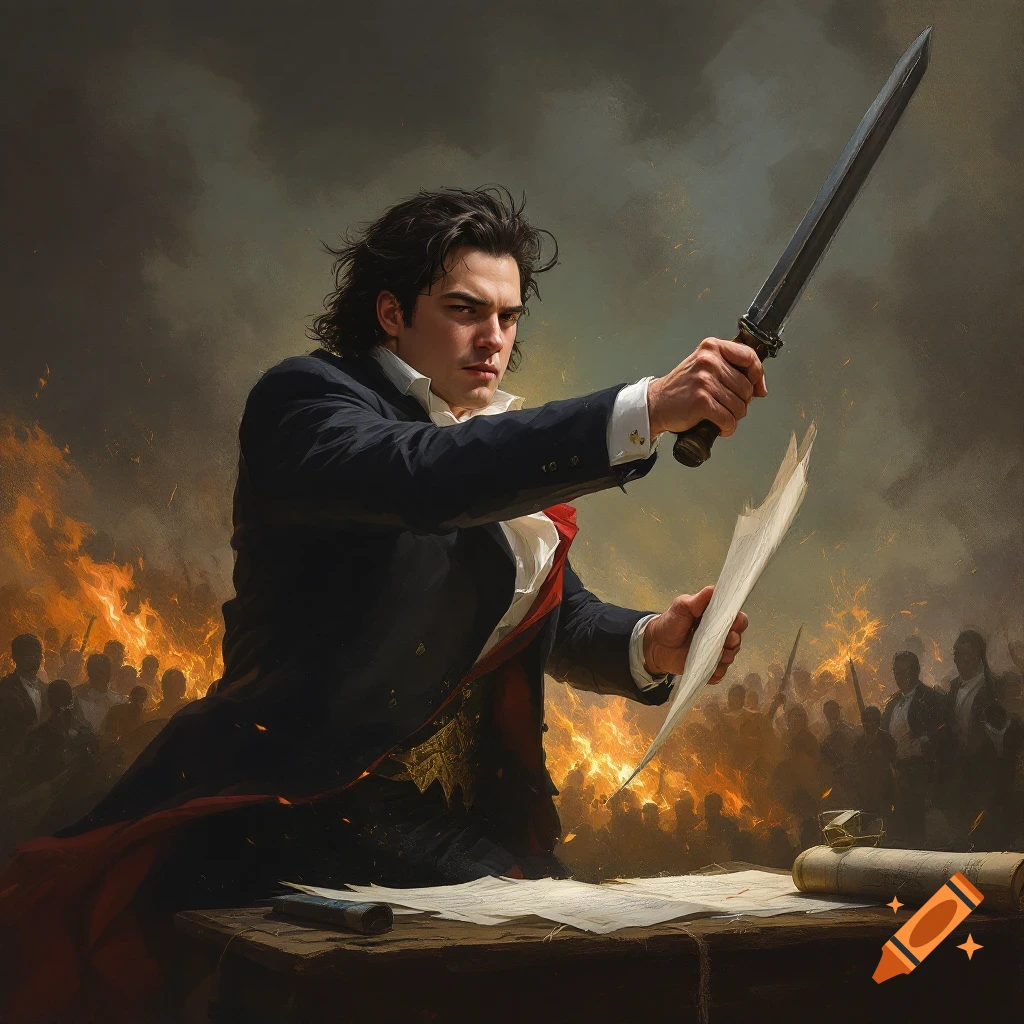 A man resembling Pierre Poilievre is shown holding a sword and a ripped document. Behind him, there is a crowd and fire.