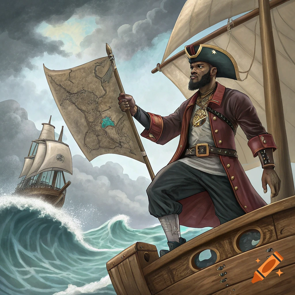 Illustration of a pirate captain on a ship, holding a flag with a map.