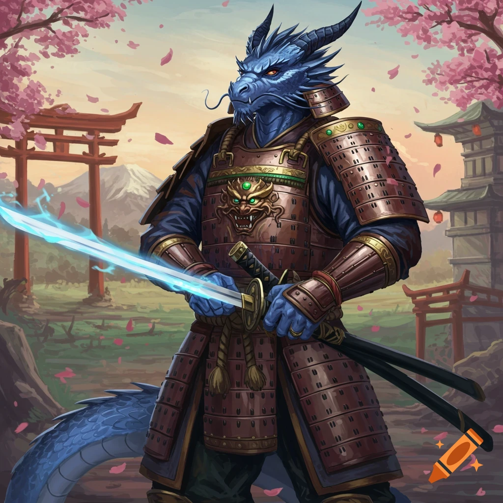 A blue dragonborn samurai in armor holds a glowing sword in a Japanese landscape with torii gates and cherry blossoms.