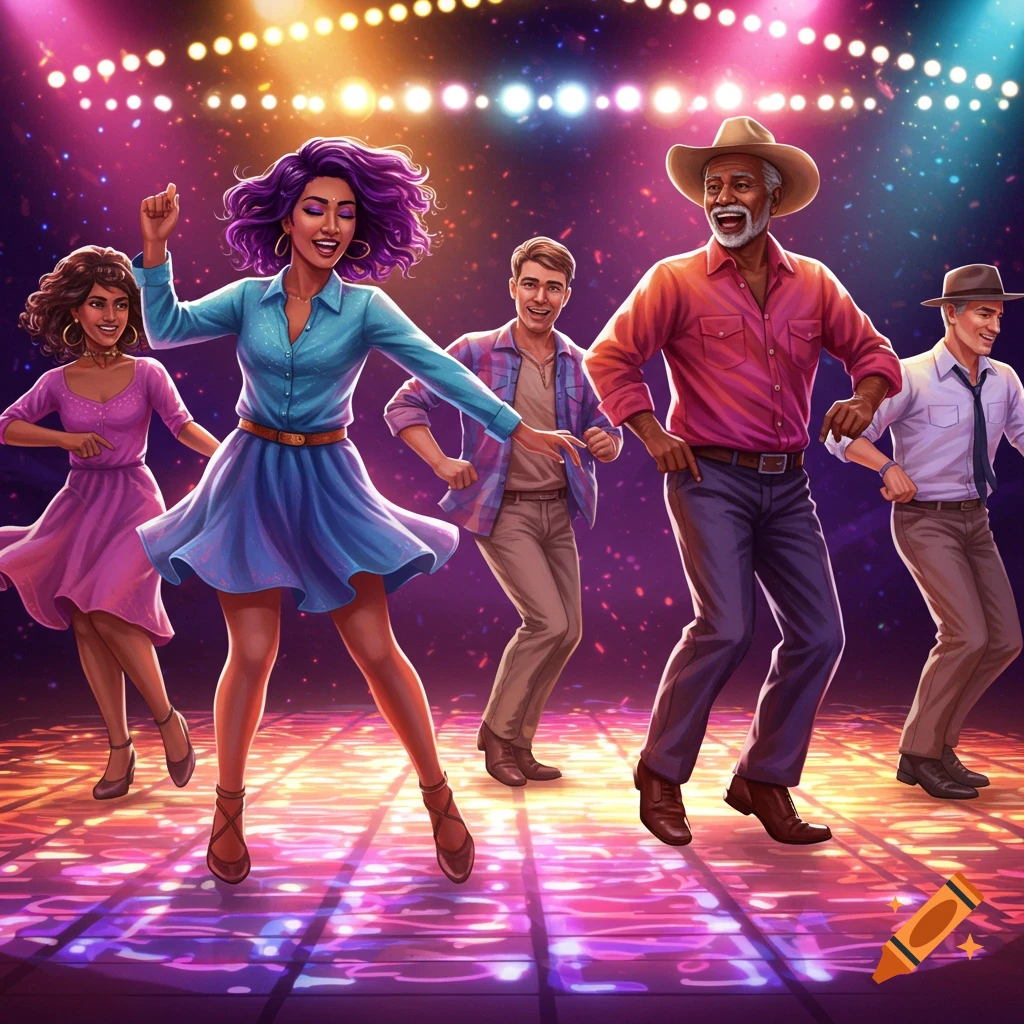 Diverse group of people dancing on a light-up floor under disco lights.