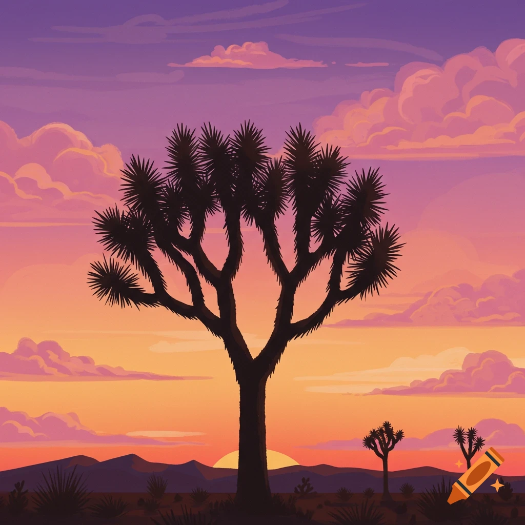 A Joshua tree silhouette at sunset in the desert.