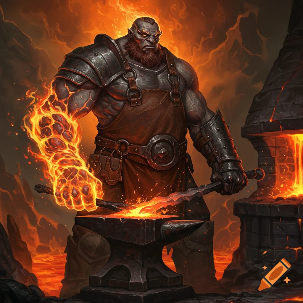 A muscular fire giant blacksmith with a flaming arm hammers metal on an anvil in a forge.