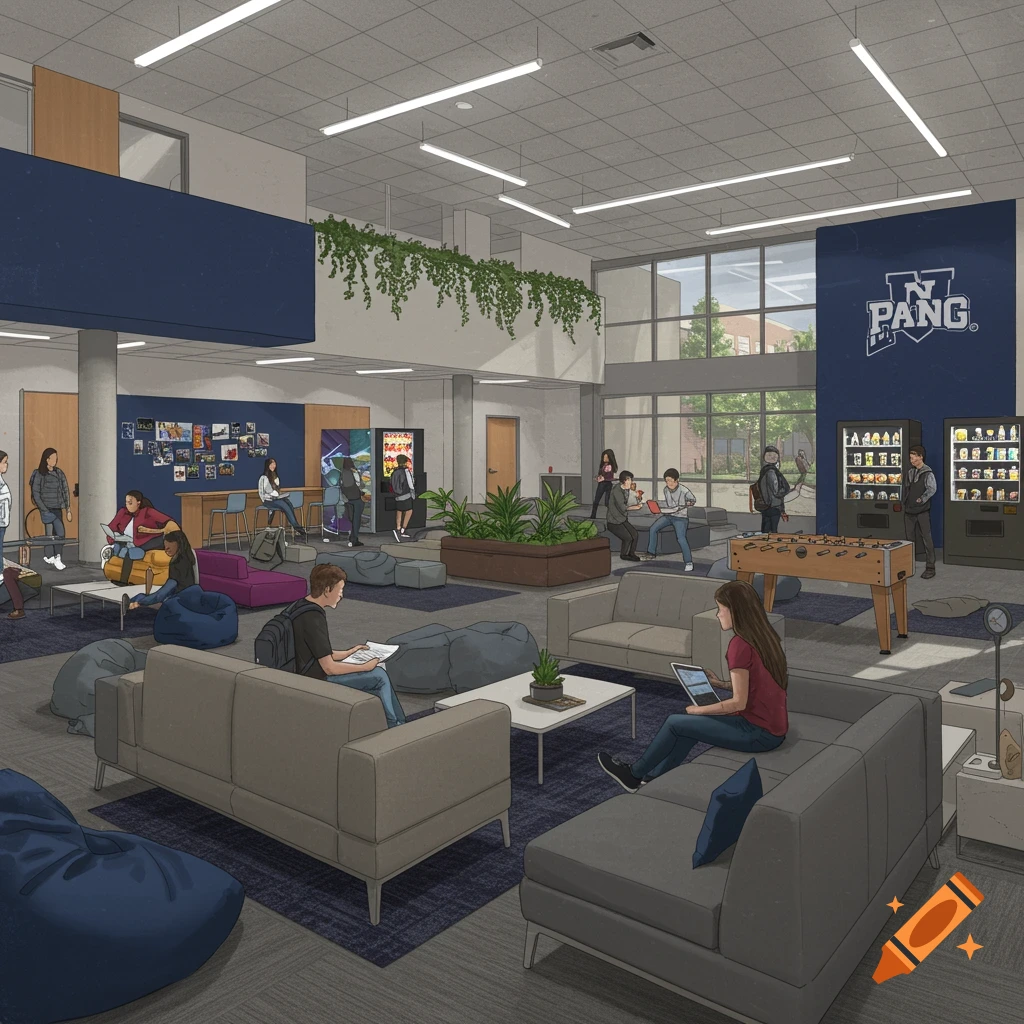 A modern school student lounge with students relaxing, studying, and playing foosball near vending machines.
