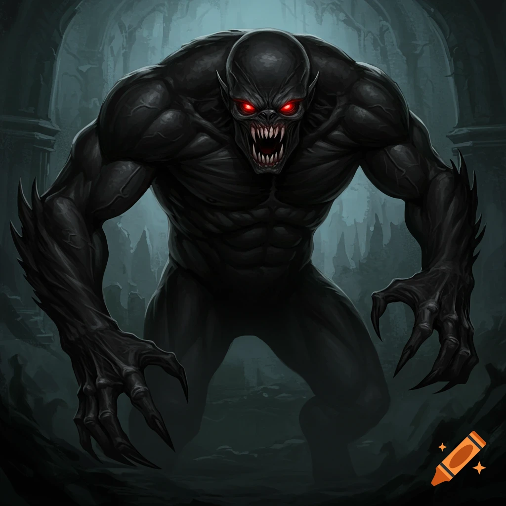 A black monster with red eyes stands in a dark cave.
