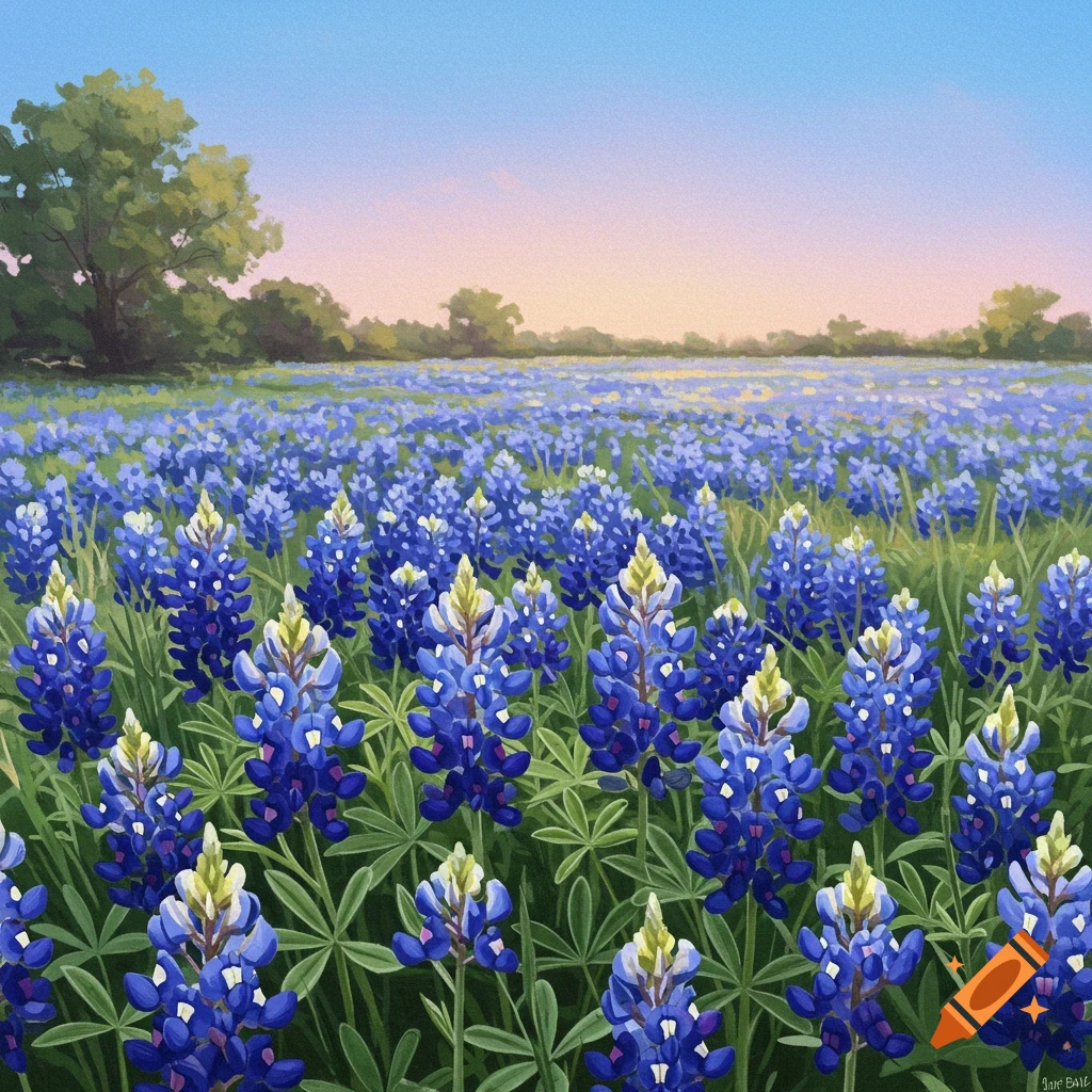 A field of blue bonnets under a sunset sky.
