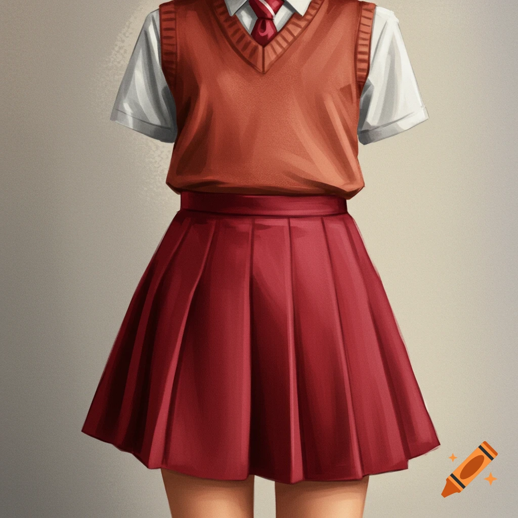 School uniform with a white shirt, orange vest, and red pleated skirt.