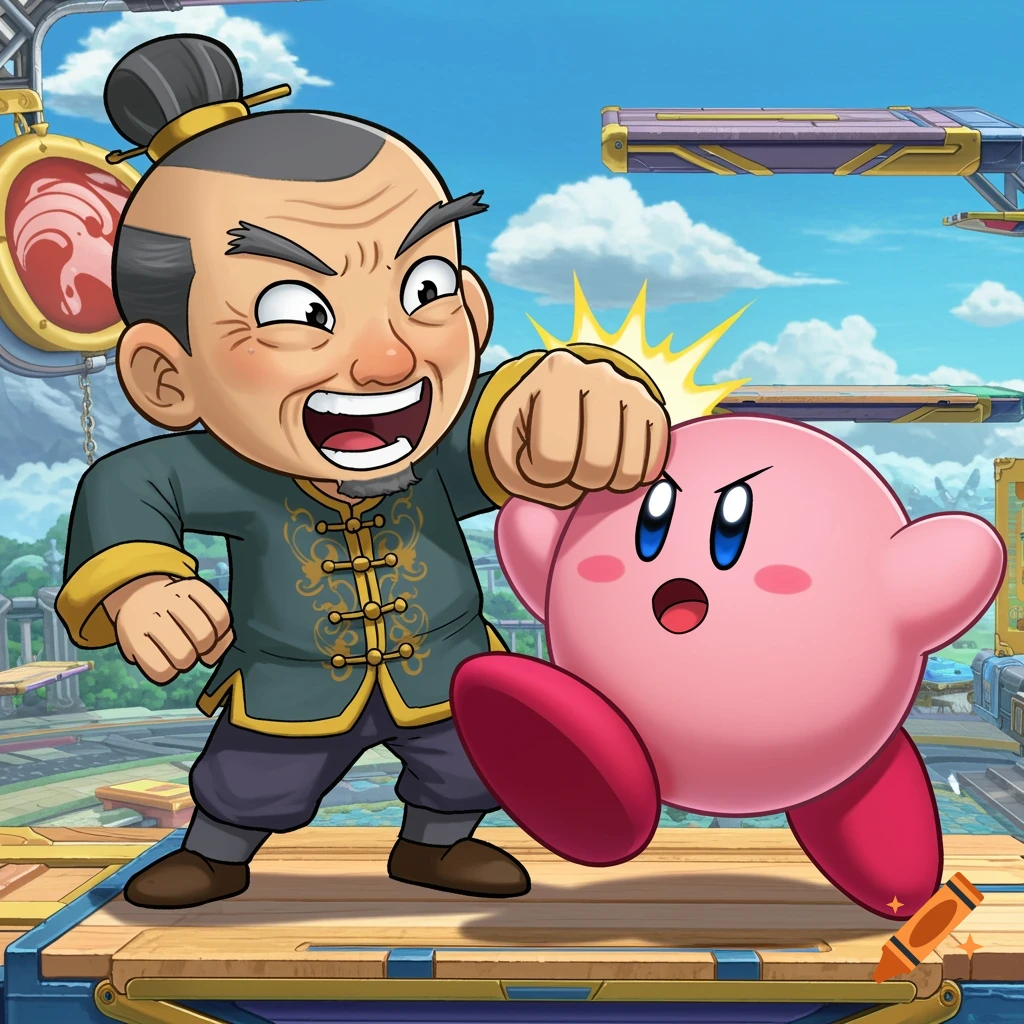 Cartoon old man punches Kirby on a Super Smash Bros. stage.