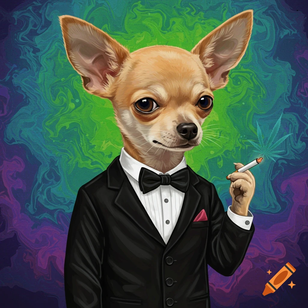 A chihuahua in a tuxedo holding a cigarette against a swirling colorful background.