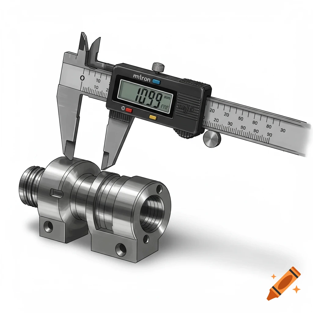 An illustration of a digital caliper measuring a metal machined part.