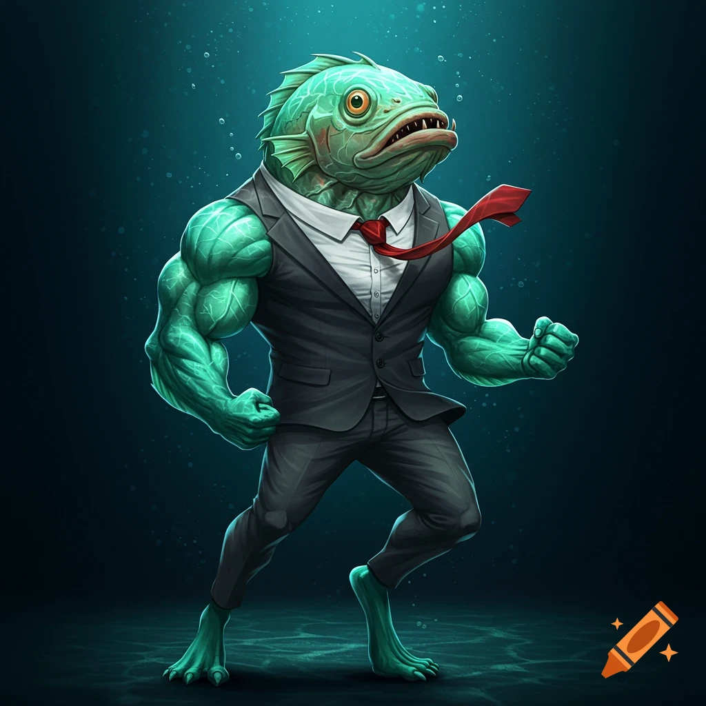A muscular green fish character wearing a business suit and red tie, in a dynamic pose against a dark blue background.