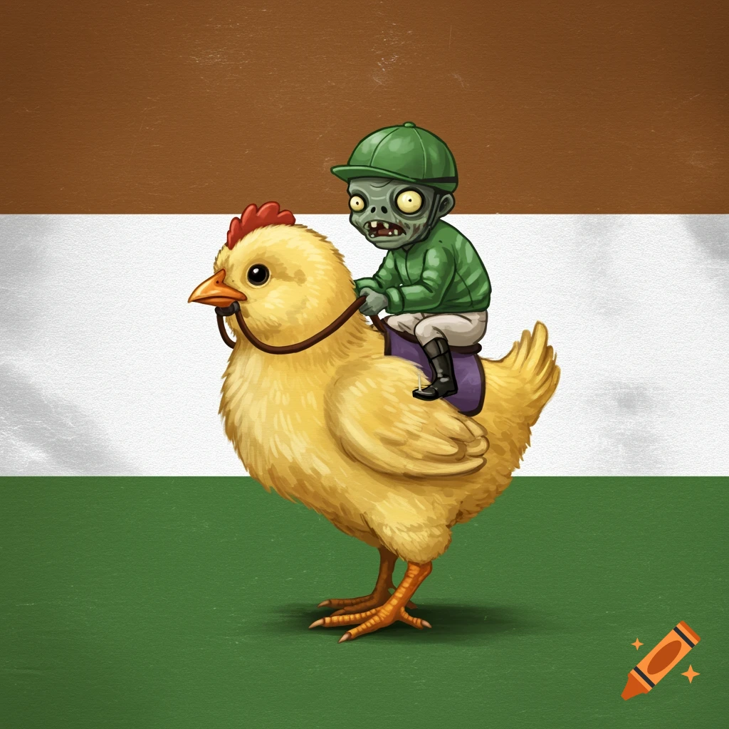 A baby zombie jockey rides a baby chicken in front of a brown, white, and green striped flag.