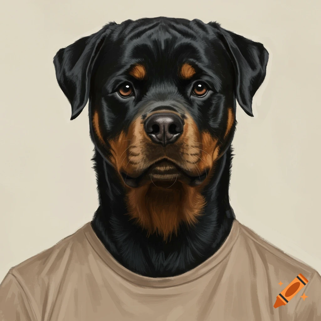 Portrait of a Rottweiler dog wearing a brown t-shirt