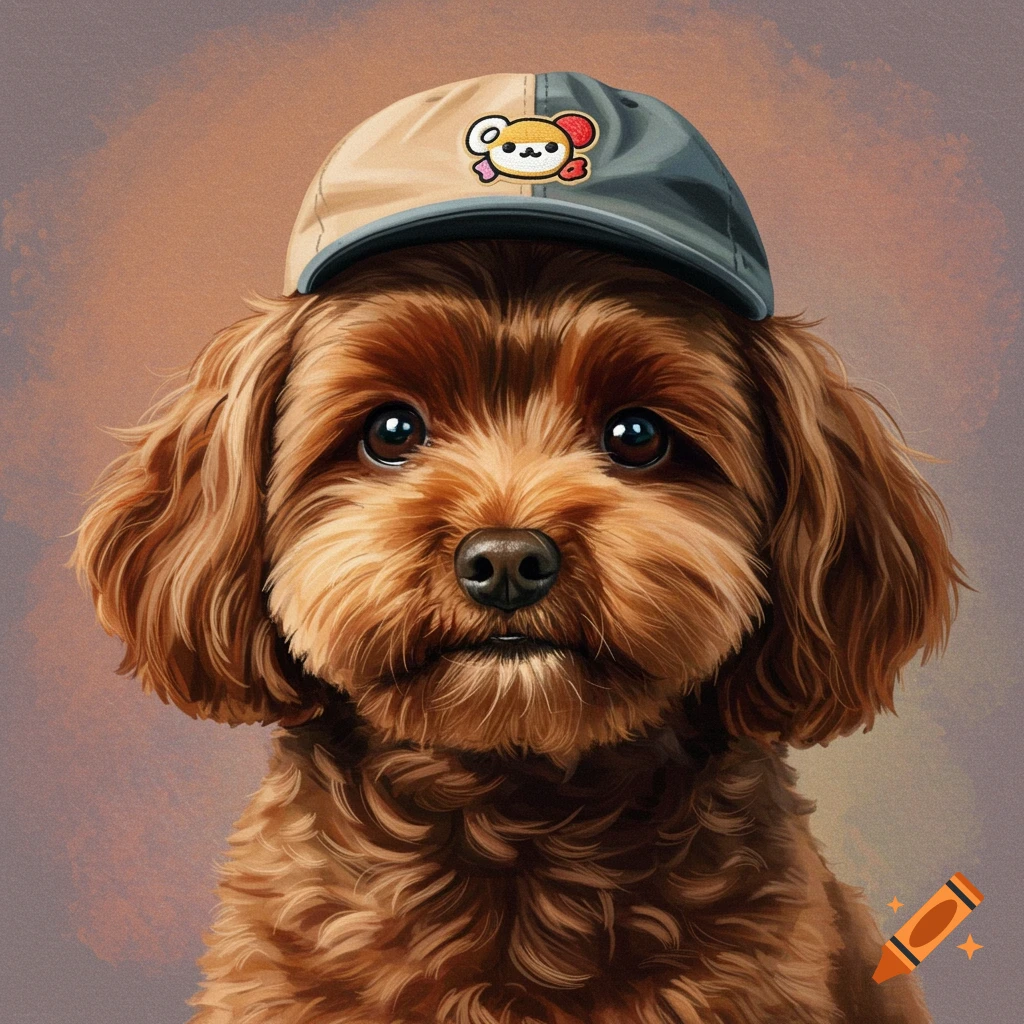A fluffy brown dog wears a baseball cap with a logo.