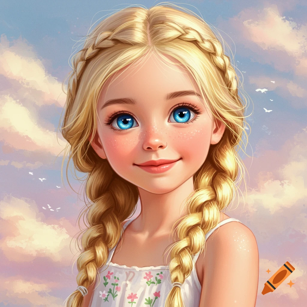 A young blonde girl with braids is shown against a cloudy sky.
