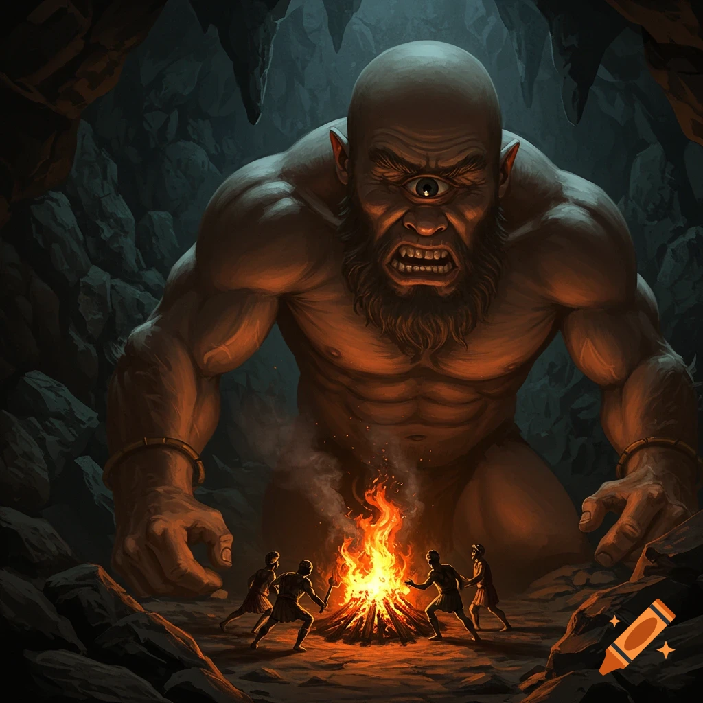 A massive cyclops glares at tiny humans huddled around a campfire in a dark cave.