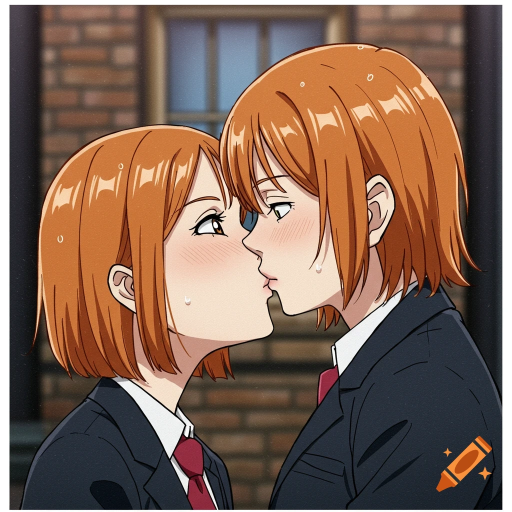 Two anime characters with short orange hair kiss in front of a brick wall.