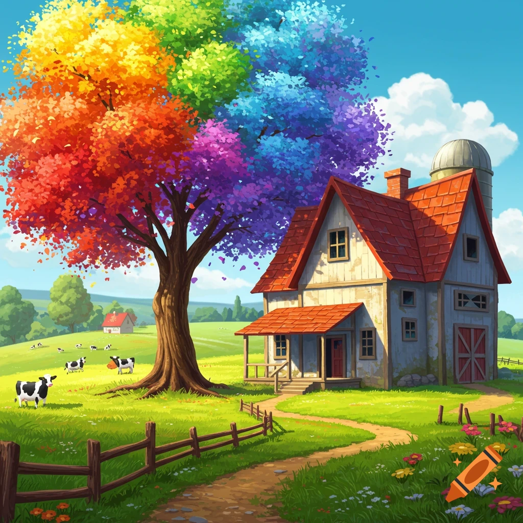 A farm scene with a farmhouse, cows grazing in a field, and a large tree with rainbow-colored leaves.