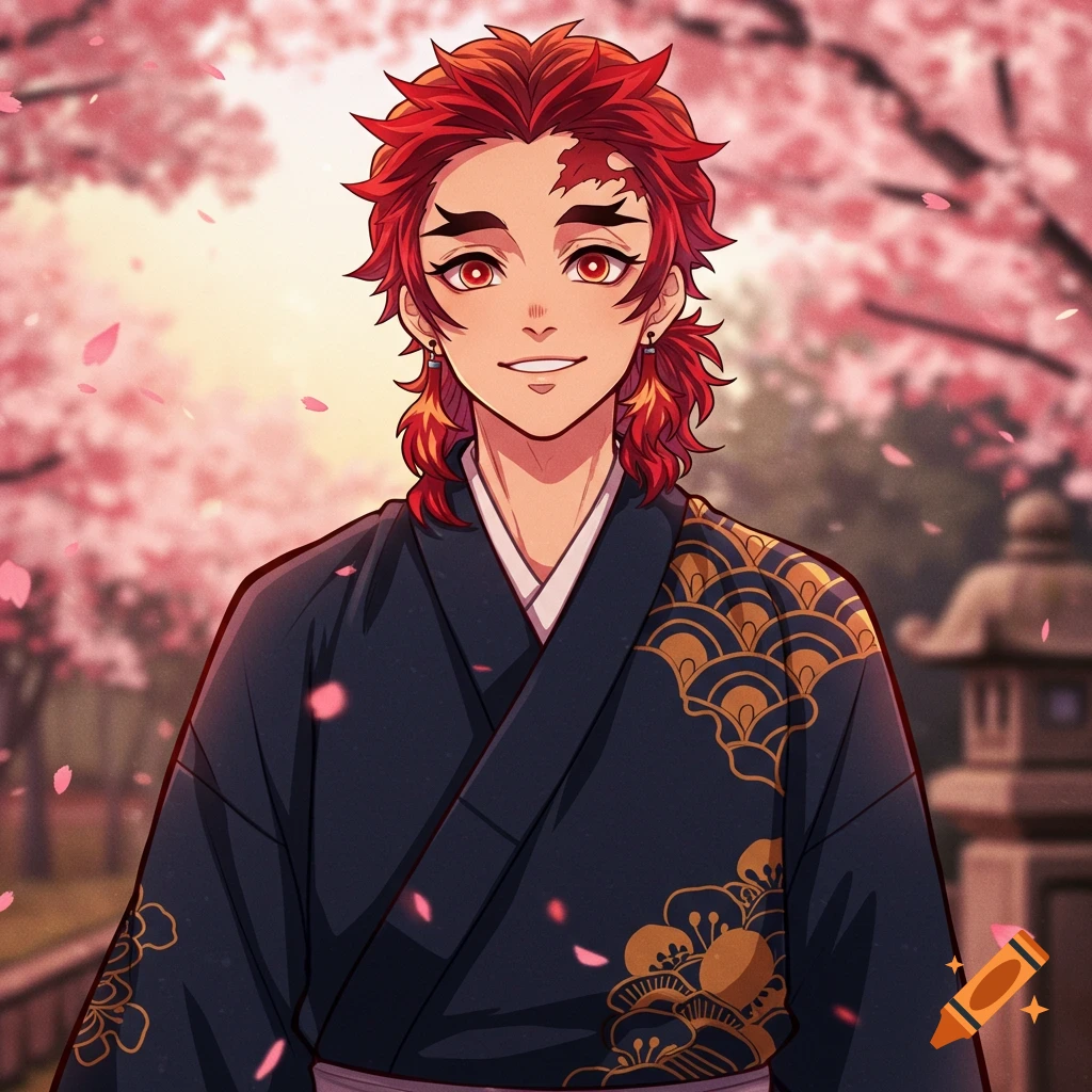 Anime character Rengoku in dark yukata under cherry blossoms