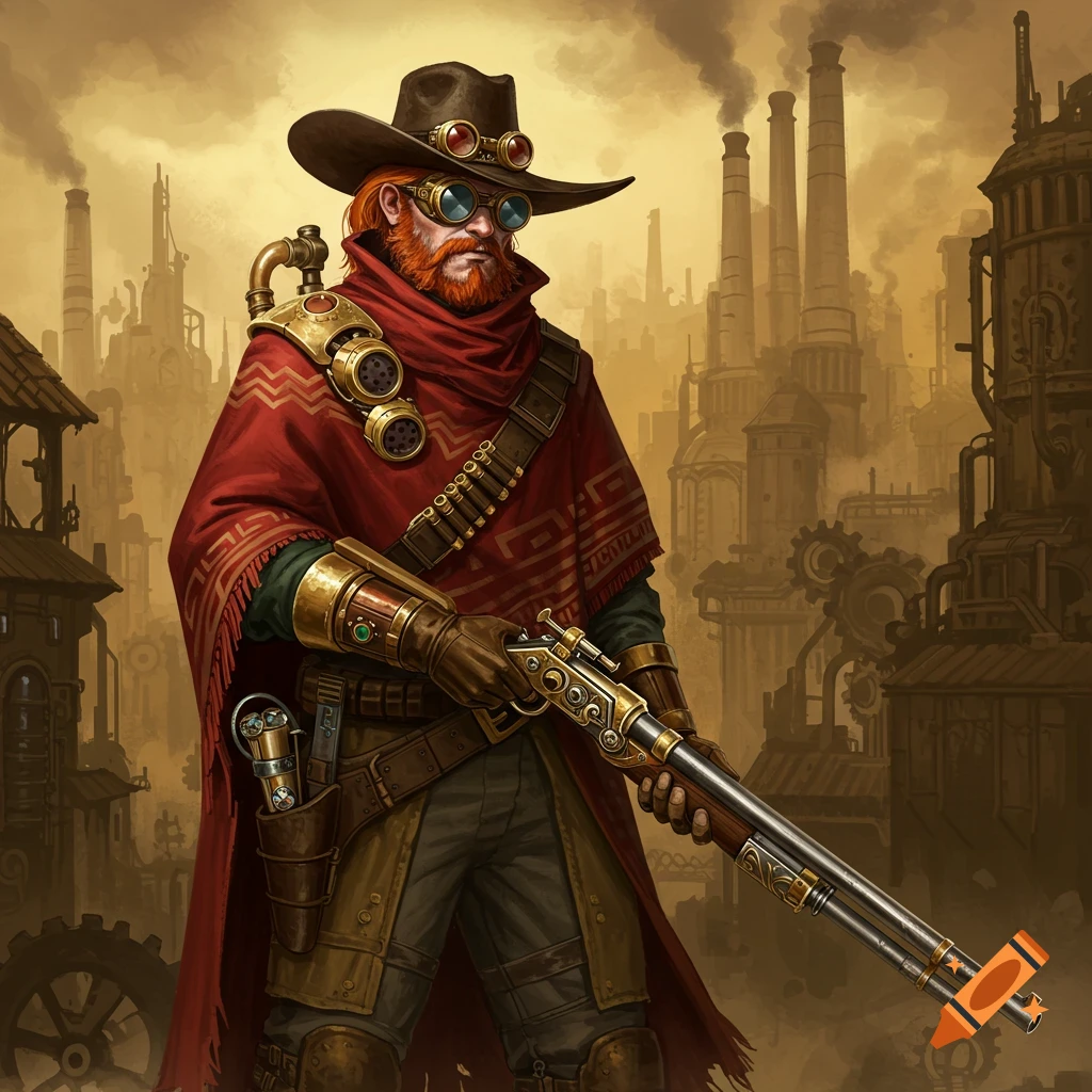 A red-haired steampunk cowboy with a red poncho and a long rifle stands in front of an industrial background.