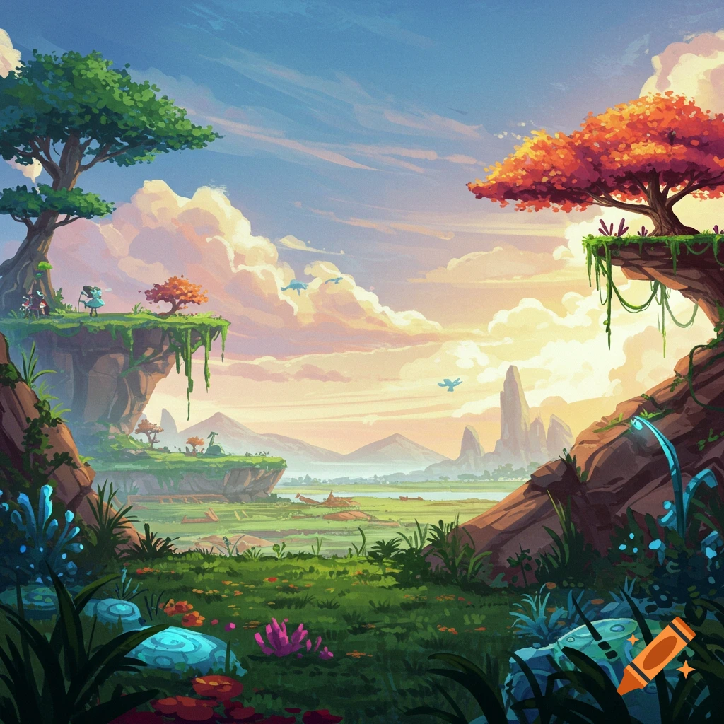 A vibrant depiction of a fantasy landscape with floating islands, lush greenery, strange plants, and small flying creatures.