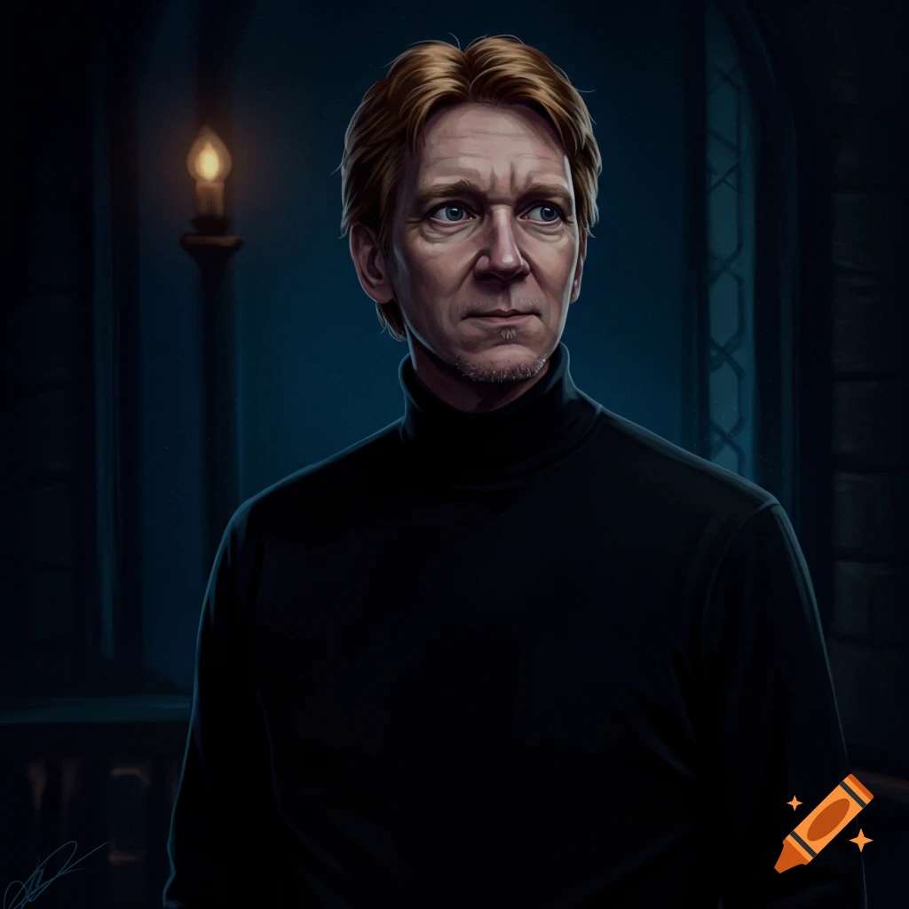 Portrait of a man in a black turtleneck in a dark, moody setting.