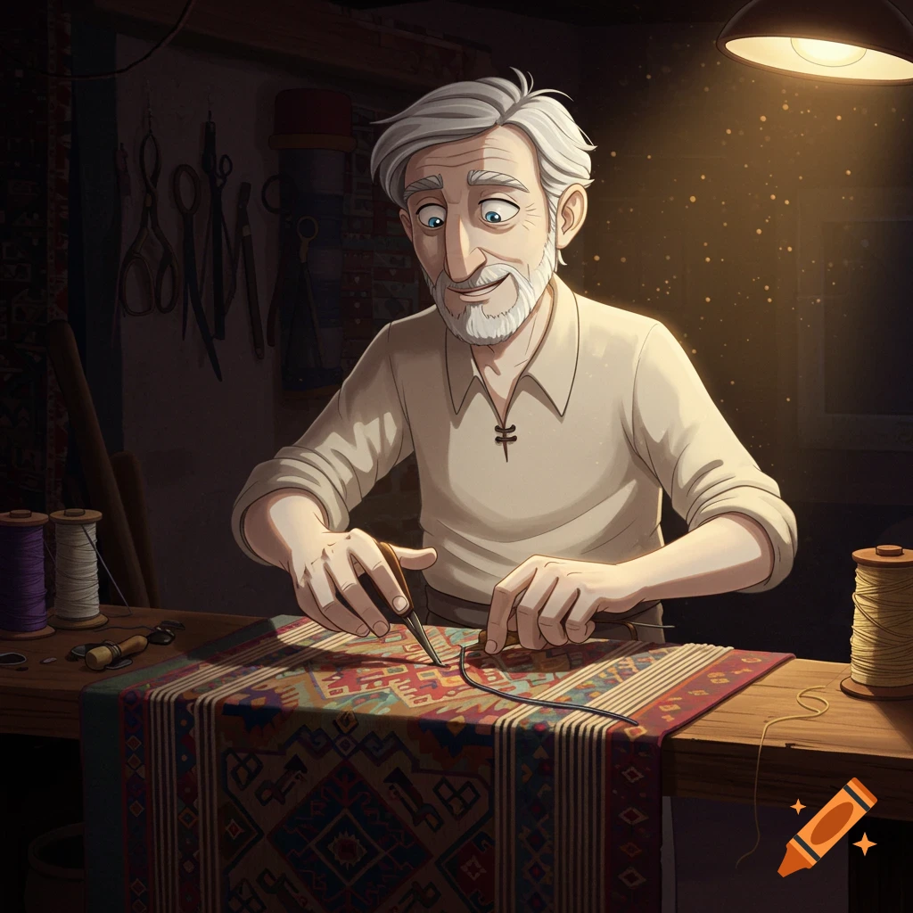 Animated illustration of an older man making a patterned rug.