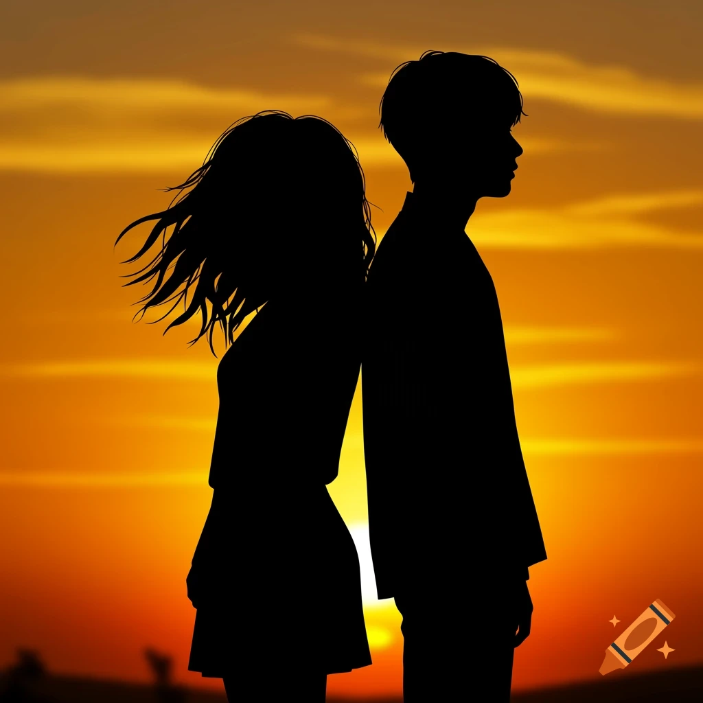 Silhouettes of a boy and girl standing back-to-back against a vibrant orange sunset backdrop.