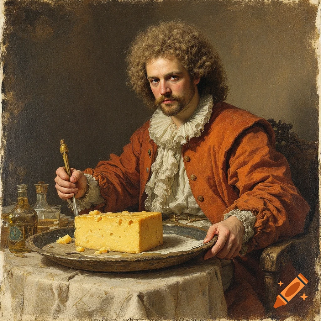 Portrait of a man in historical clothing cutting cheese.