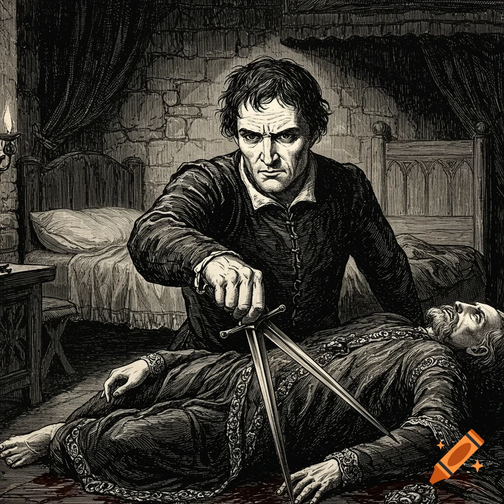 Black and white engraving of a man holding two daggers over a man on the floor.