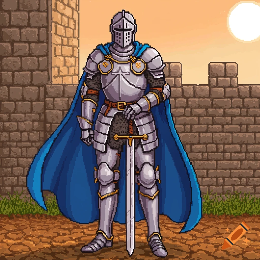 Pixel art illustration of a knight in armor standing with a sword in front of a castle wall.