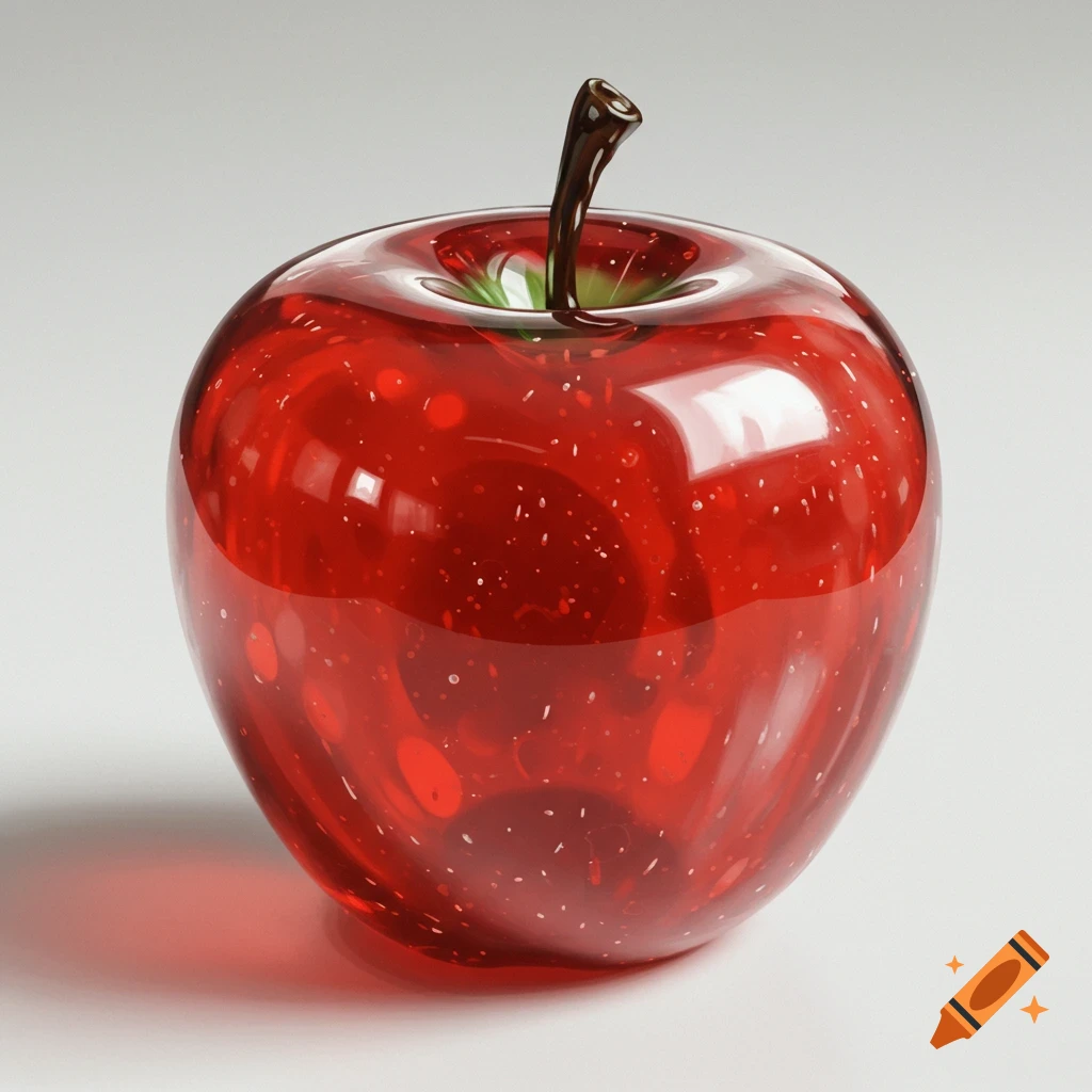 A glossy red glass apple with speckled inclusions sits on a white surface.