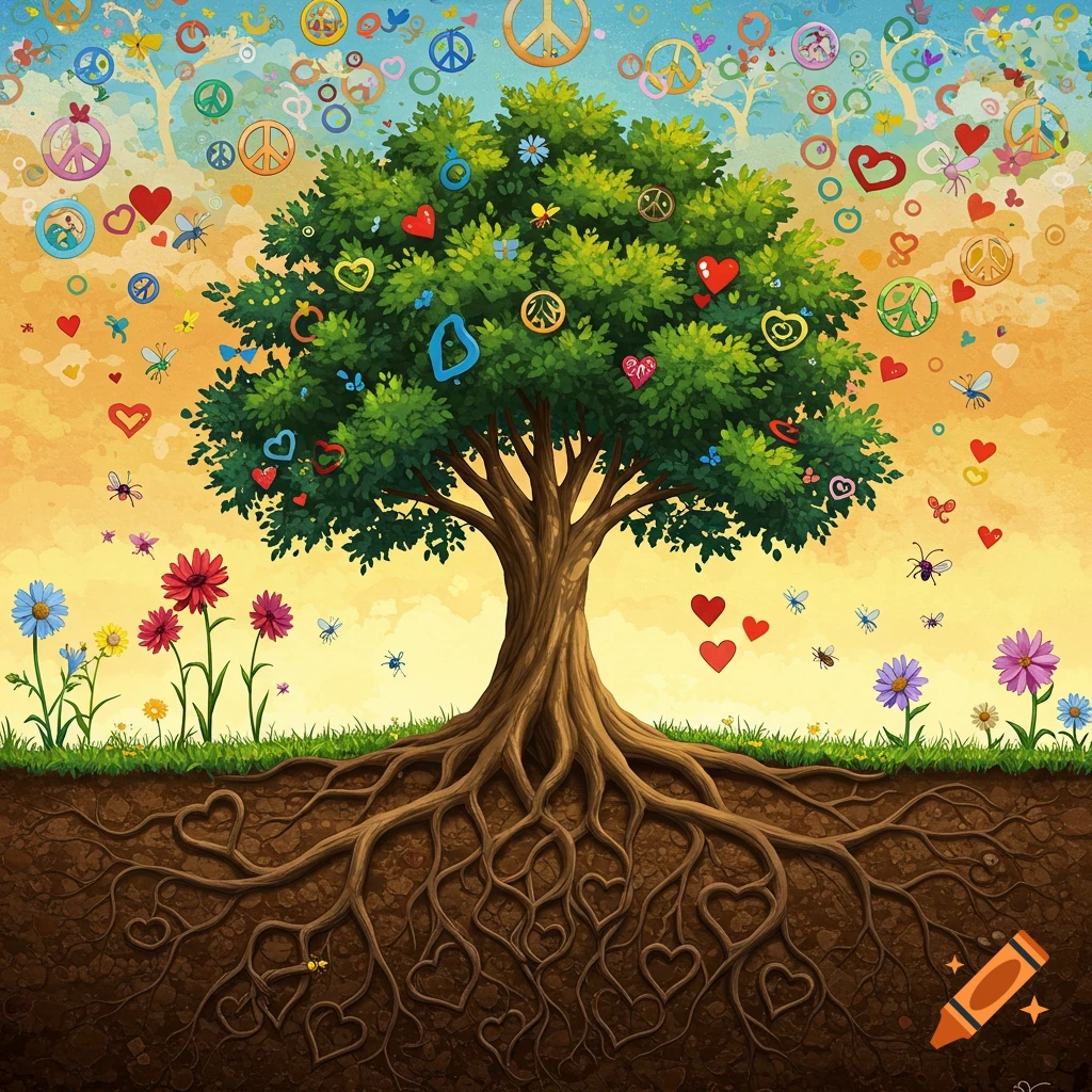 A tree with heart-shaped roots, surrounded by peace signs and hearts