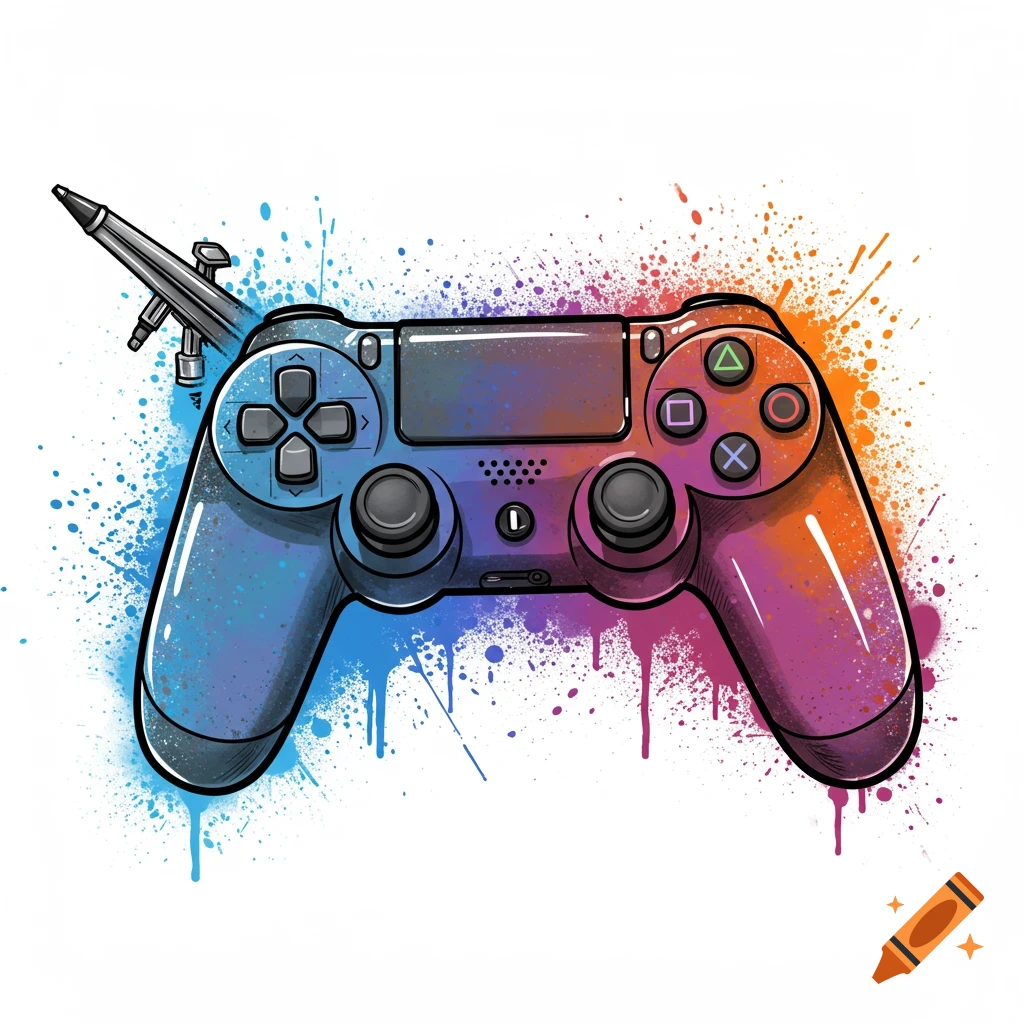 A video game controller with colorful paint splatters and an airbrush.