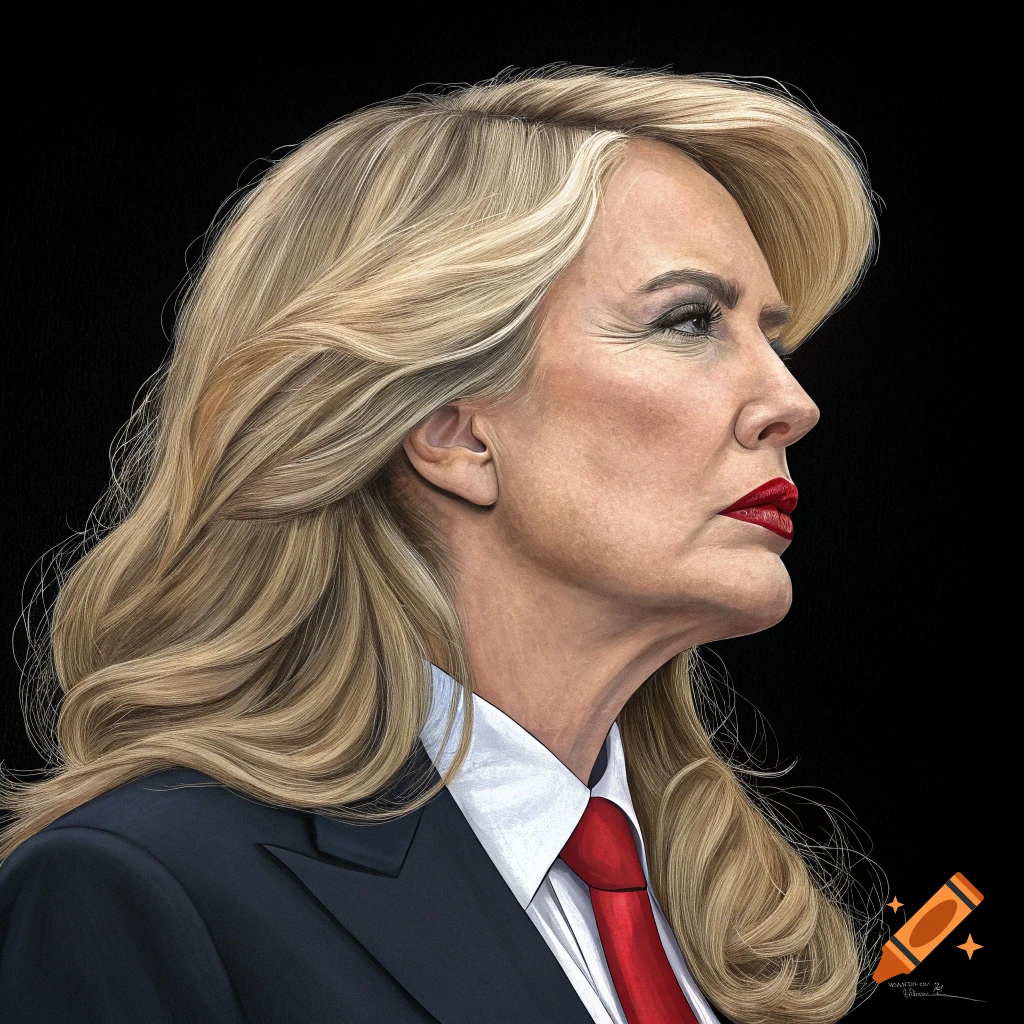 Realistic profile portrait of a woman with blonde hair and red lipstick, wearing a suit and red tie against a black background.
