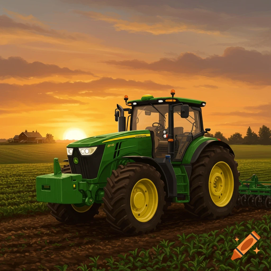 A green John Deere 8R tractor sits in a field at sunset.