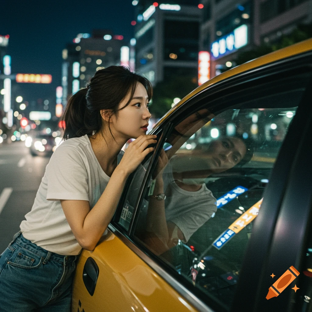 Young woman looking out taxi window at busy city street at night