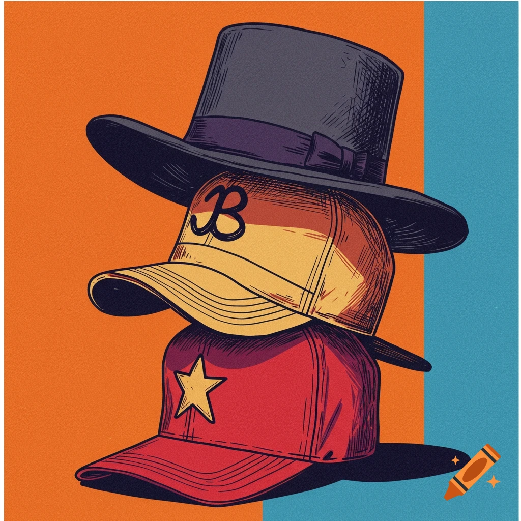 Three stacked hats: a grey top hat, a yellow baseball cap with a B, and a red baseball cap with a star, on an orange and blue background.