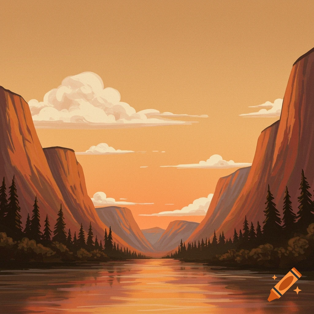 A valley with steep mountains, pine trees, and a river reflecting the orange sky and clouds.