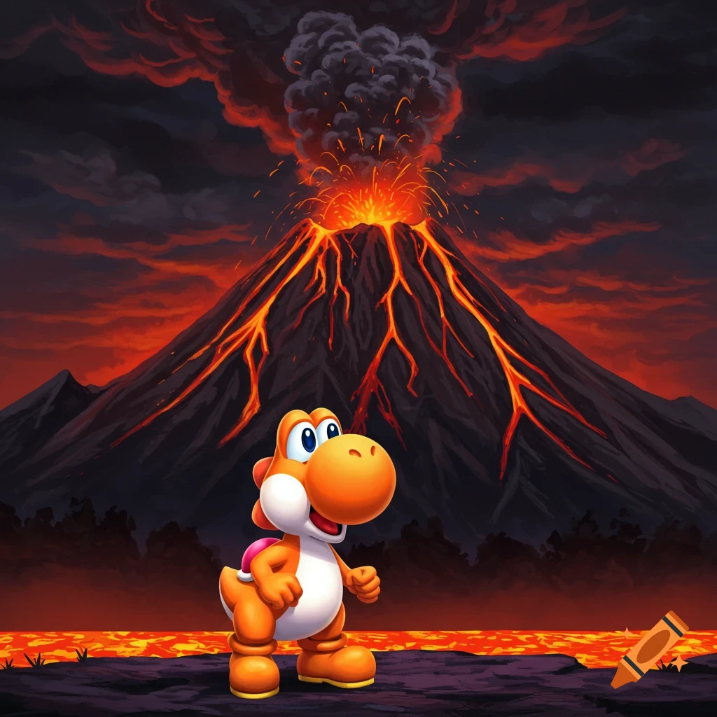 An orange Yoshi stands in front of an erupting volcano with lava.