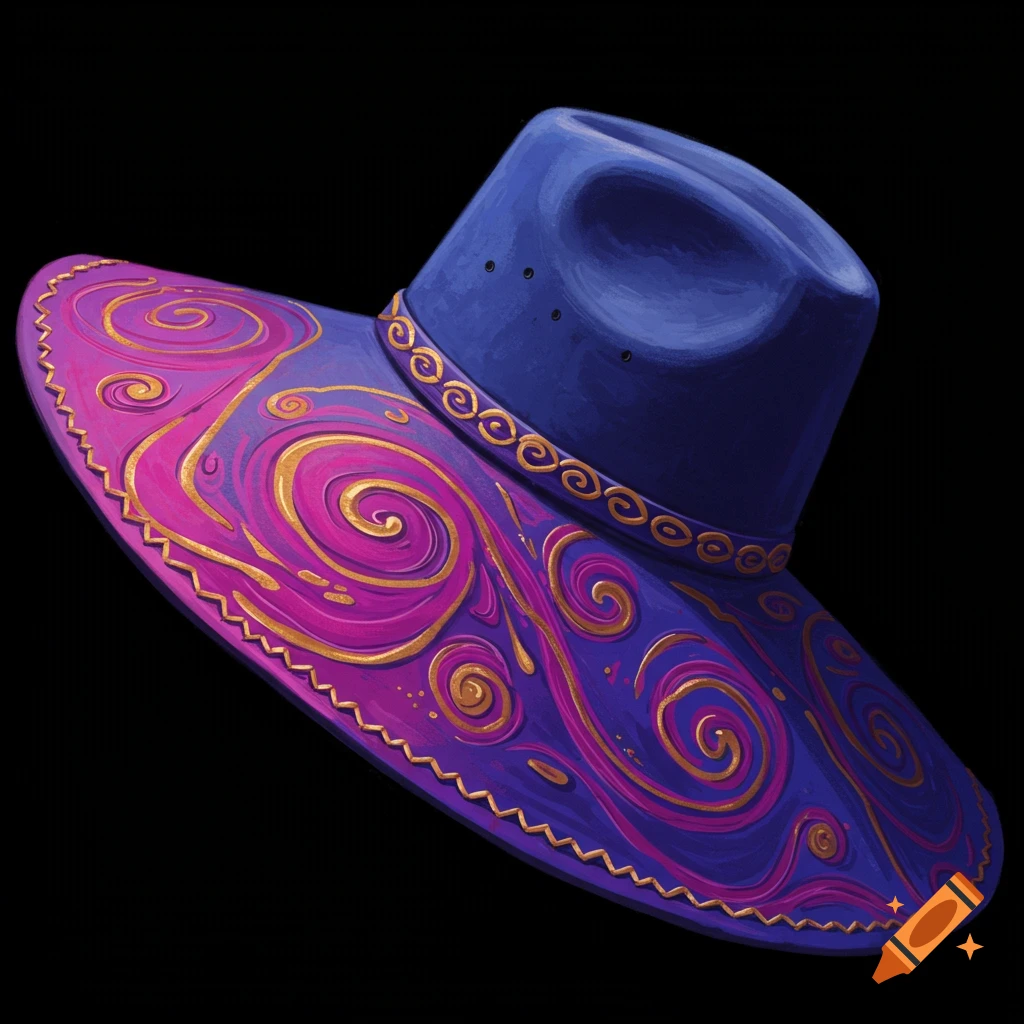 A blue wide-brimmed hat is decorated with pink and gold swirls.