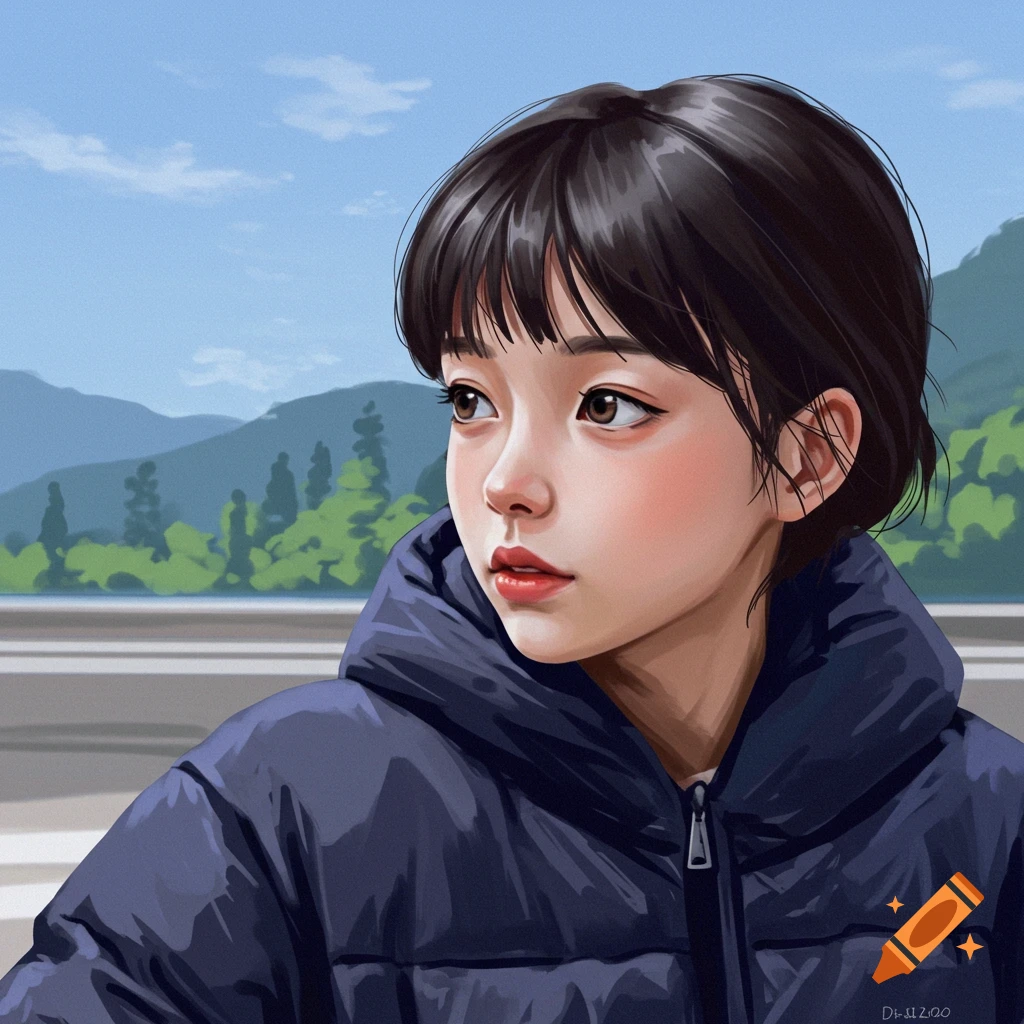 A young person with short dark hair in a blue puffer jacket looking left with a blurry mountain background.