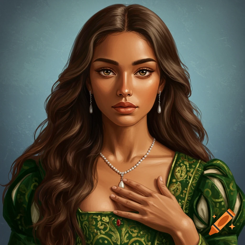 Portrait of a woman in a green dress and pearls