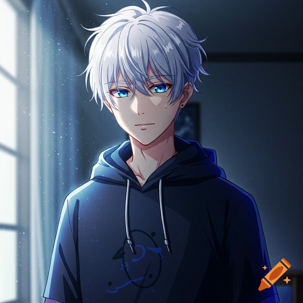 Anime portrait of a young man with white hair and blue eyes wearing a dark blue hoodie.